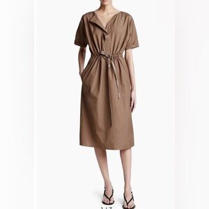 NEW Vince Faux Leather Belt Detail Cotton Midi Dress Large Brown Minimalist